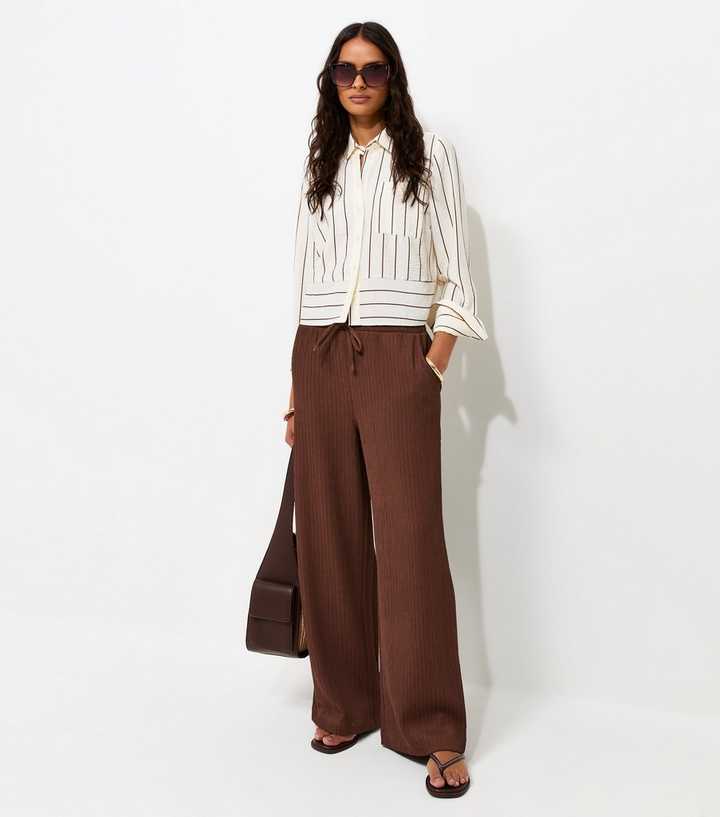 Dark Brown Ribbed Texture Wide Leg Trousers