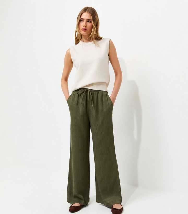 Dark Khaki Ribbed Texture Wide Leg Trousers