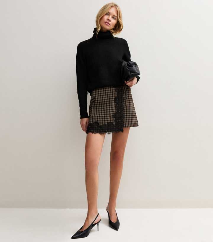 Black Check Lace Trim Wrap Skirt