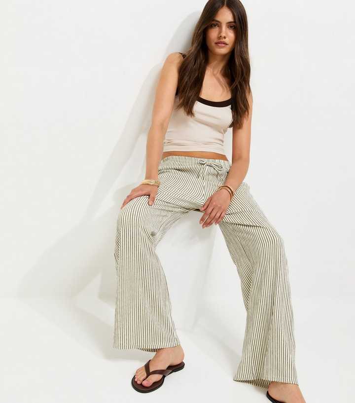 Green Thin Stripe Crinkle Texture Wide Leg Trousers