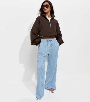 Blue Thin Stripe Crinkle Texture Wide Leg Trousers