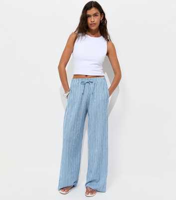 Blue Thin Stripe Crinkle Texture Wide Leg Trousers