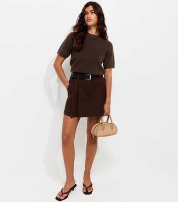 Dark Brown Belted Tailored Pleated Mini Skirt