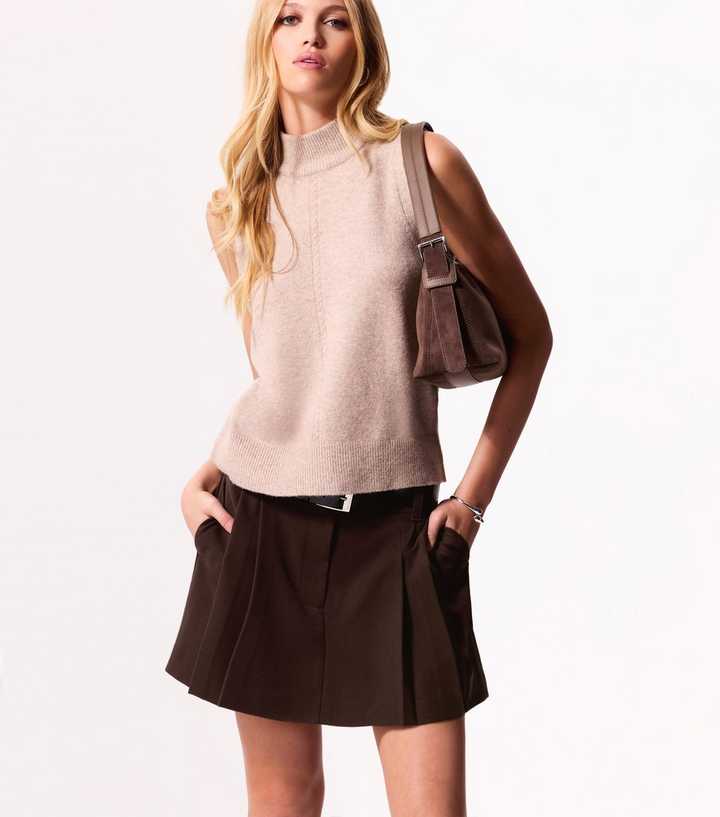 Dark Brown Belted Tailored Pleated Mini Skirt