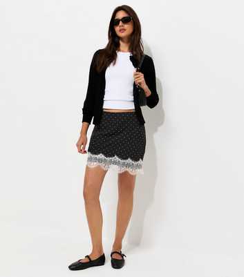 Black Spot Print Lace Trim Mini Skirt