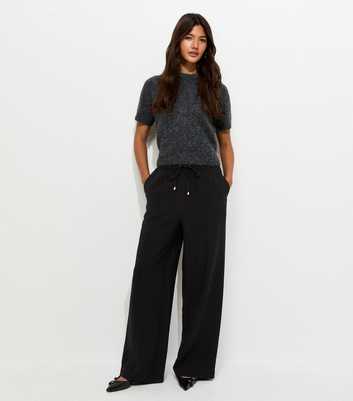 Black Drawstring Front Crease Wide Leg Trousers