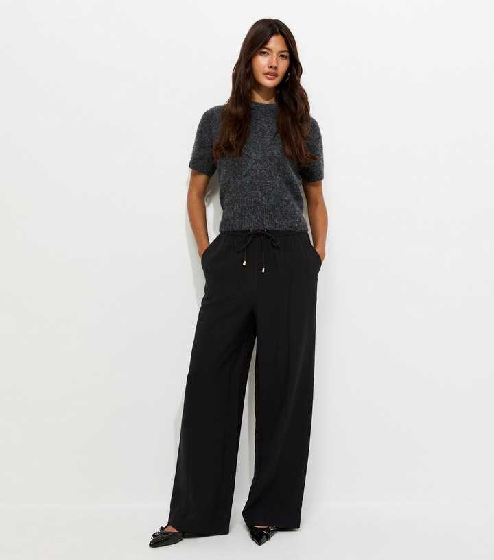 Black Drawstring Front Crease Wide Leg Trousers
