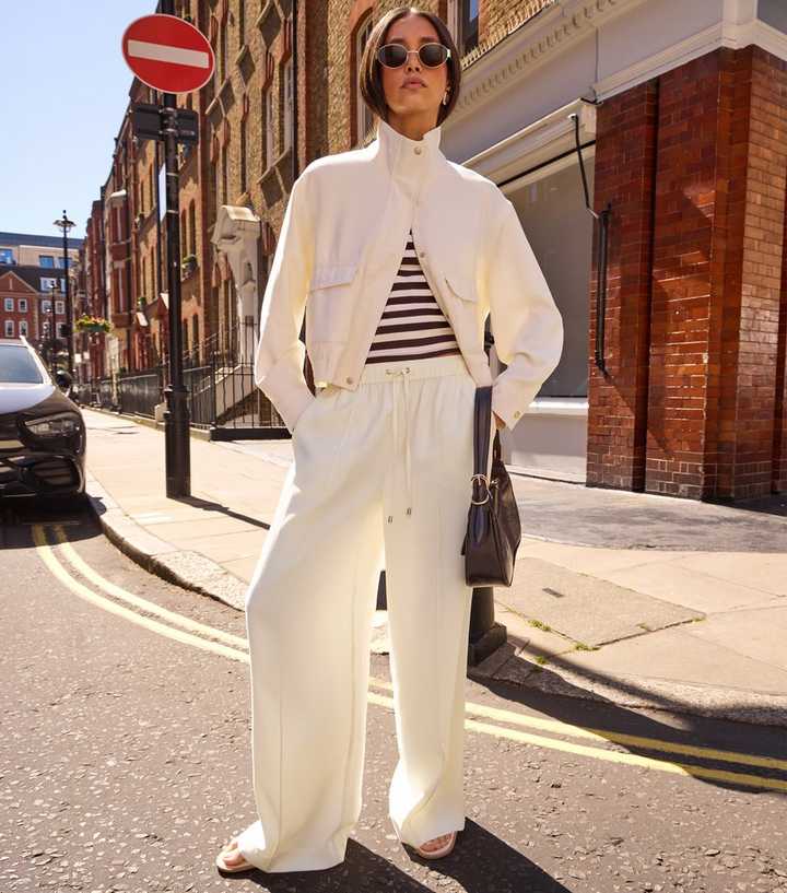 Cream Drawstring Front Crease Wide Leg Trousers