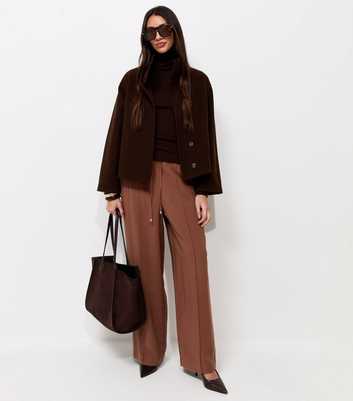 Dark Brown Drawstring Front Crease Wide Leg Trousers