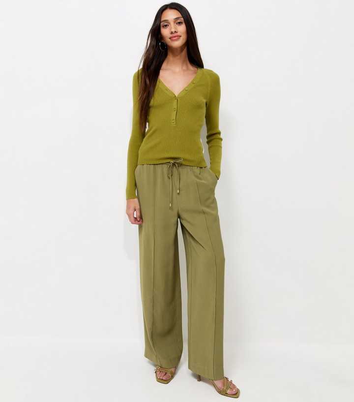 Light Khaki Drawstring Front Crease Wide Leg Trousers