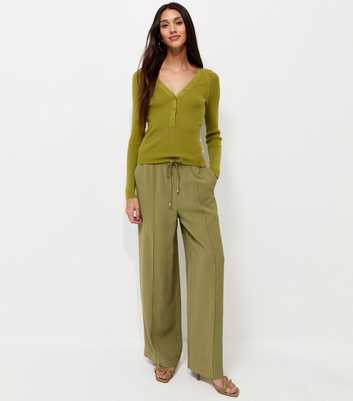 Light Khaki Drawstring Front Crease Wide Leg Trousers