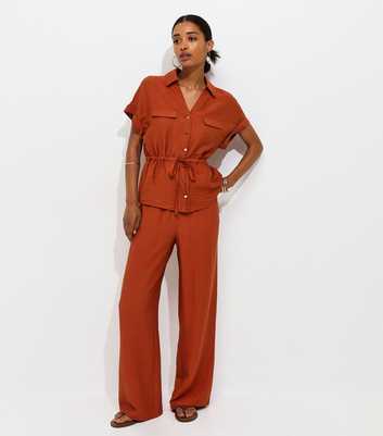 Rust Crinkle Texture Wide Leg Trousers