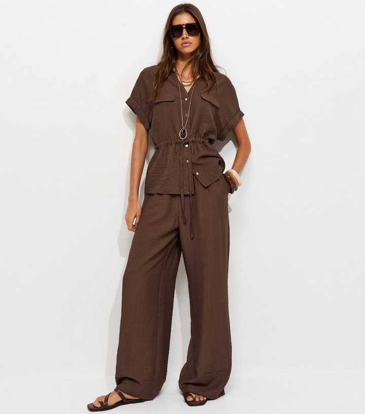 Dark Brown Crinkle Texture Wide Leg Trousers