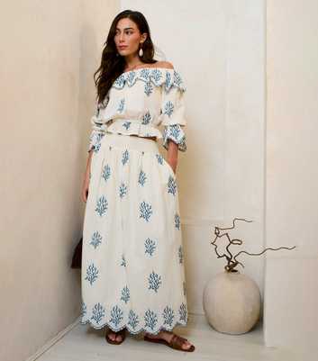 Gini London White Cotton Embroidered Maxi Skirt