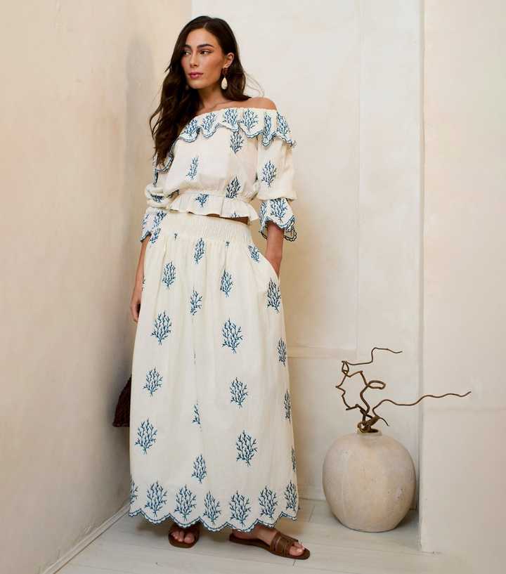 Gini London White Cotton Embroidered Maxi Skirt
