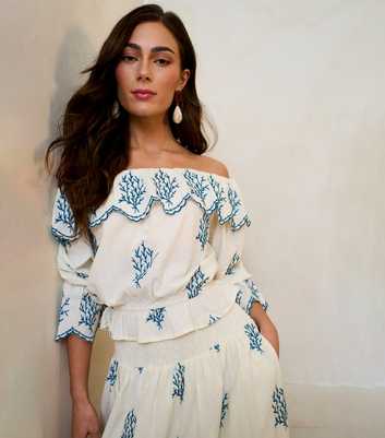 Gini London Off White Cotton Embroidered Bardot Top