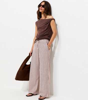 Petite Red Crinkle Texture Striped Wide Leg Trousers