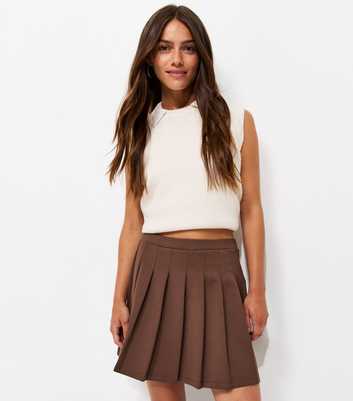 Petite Dark Brown Knife Pleat Ponte Mini Skirt