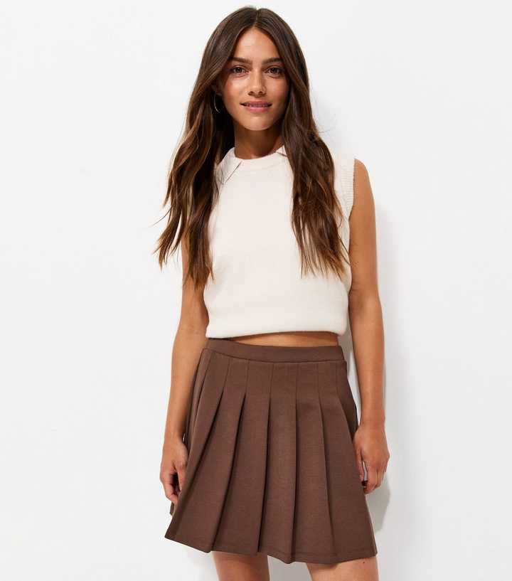 Petite Dark Brown Knife Pleat Ponte Mini Skirt