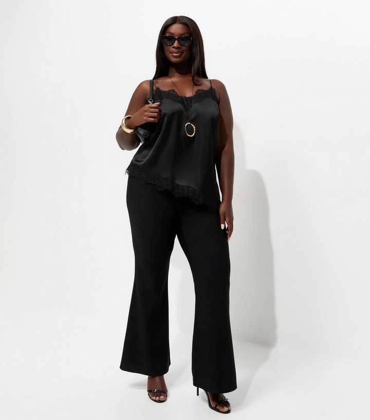 Curves Black Ribbed Flared Trousers