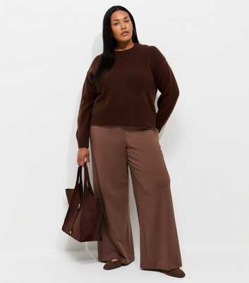 Curves Dark Brown Jersey Wide Leg Trousers