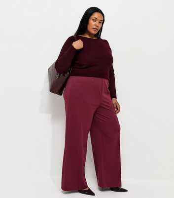 Curves Dark Burgundy Jersey Wide Leg Trousers