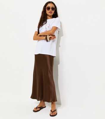 Petite Brown Satin Bias Cut Midi Skirt