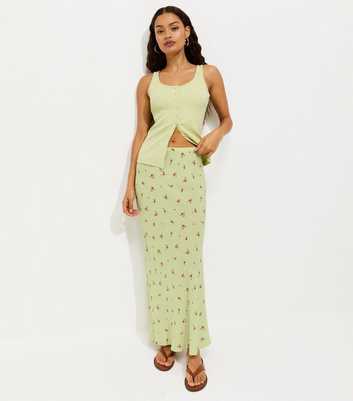 Petite Green Ditsy Floral Print Bias Cut Midi Skirt