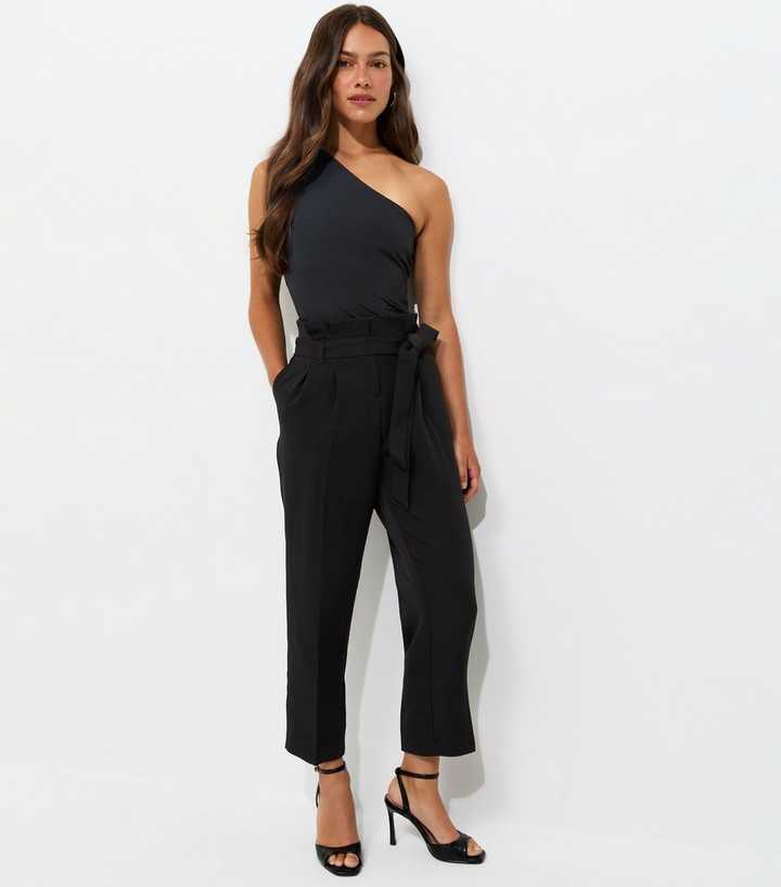 Petite Black Woven Paperbag Waist Trousers