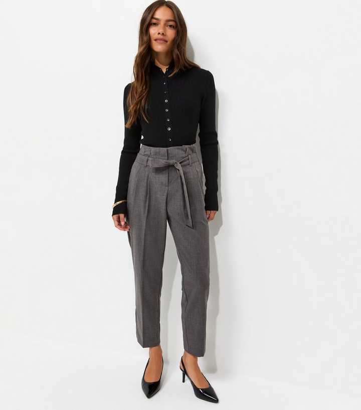 Petite Dark Grey Woven Paperbag Waist Trousers