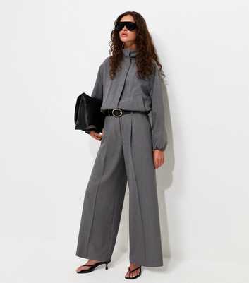 Dark Grey Pleated Tailored Wide Leg Trousers