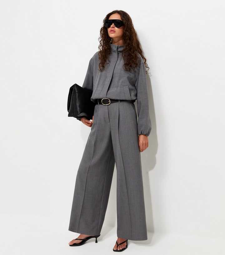 Dark Grey Pleated Tailored Wide Leg Trousers