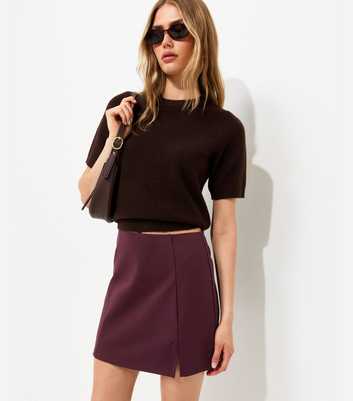 Dark Burgundy Jersey Front Split Front Mini Skirt