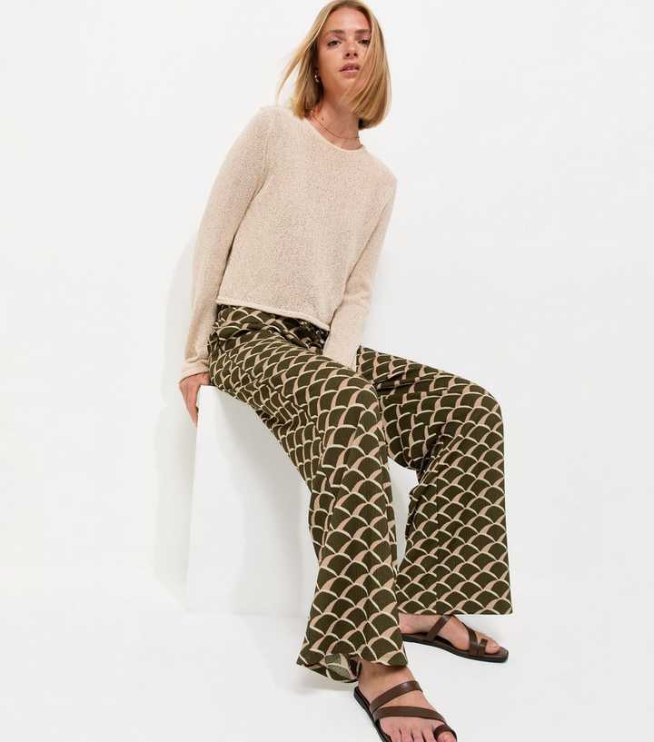 Green Crinkle Texture Geometric Print Wide Leg Trousers