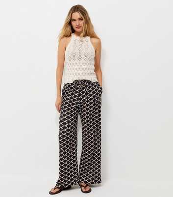 Blue Crinkle Texture Geometric Print Wide Leg Trousers