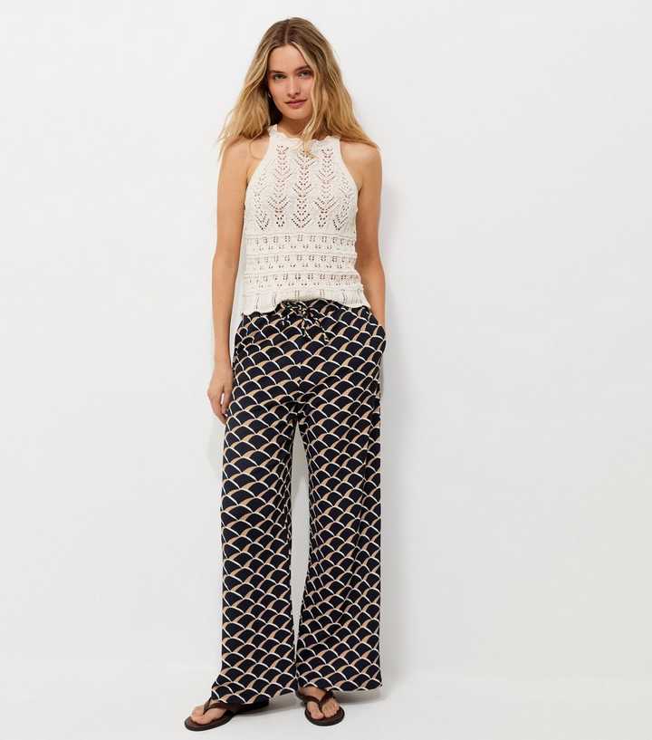 Blue Crinkle Texture Geometric Print Wide Leg Trousers