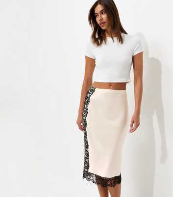 Cream Satin Lace Trim Midi Skirt