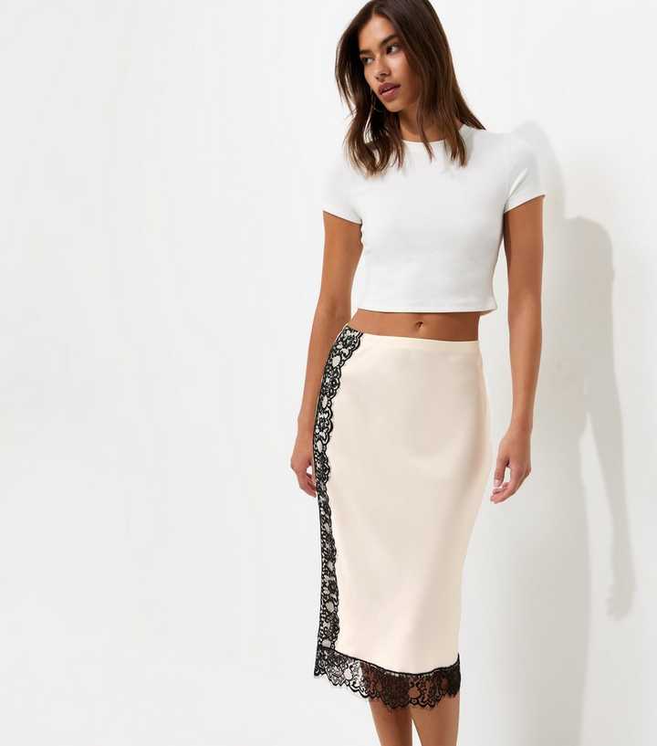 Cream Satin Lace Trim Midi Skirt
