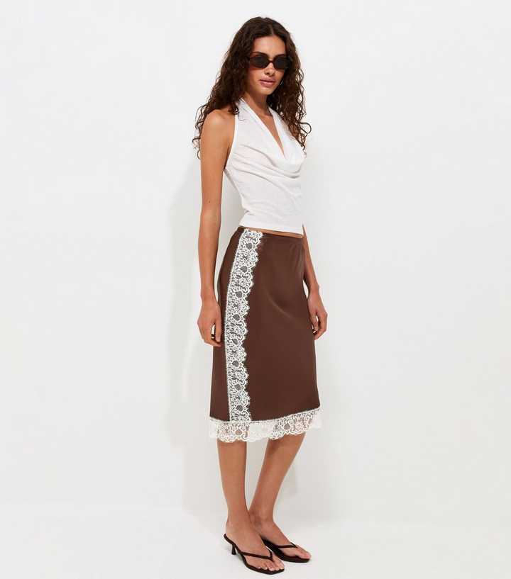 Dark Brown Satin Lace Trim Midi Skirt
