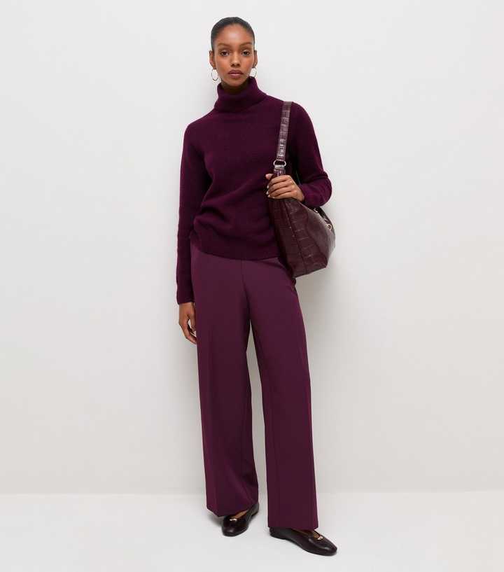 Dark Burgundy Woven Straight Leg Pull On Trousers