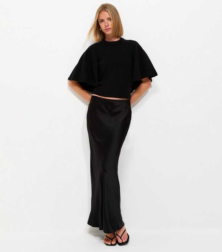 Black Satin Bias Cut Midi Skirt