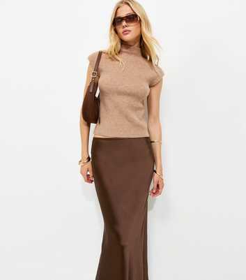 Brown Satin Bias Cut Midi Skirt