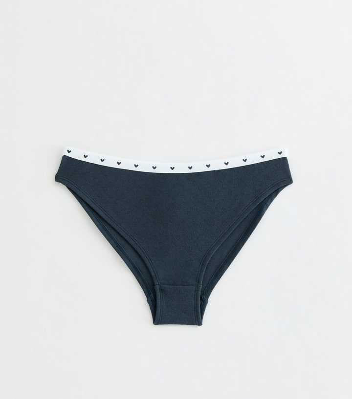 Girls Navy Cotton Rich Heart Elastic Pointelle Briefs