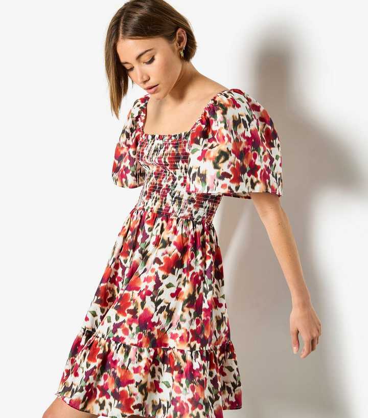 Apricot Red Floral Puff Sleeve Mini Dress