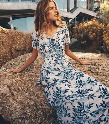 Apricot Blue Leaf A-line Ruffle Dress