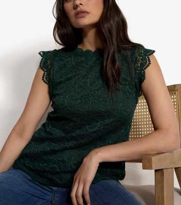 Apricot Dark Green Lace High Neck Top