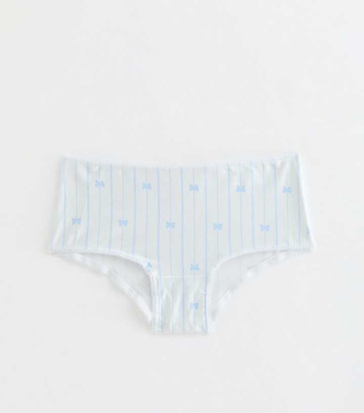Girls Blue Cotton Rich Stripe Bow Print Short Briefs