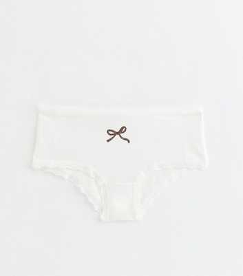 Girls Cotton Rich White Bow Print Lace Trim Short Briefs
