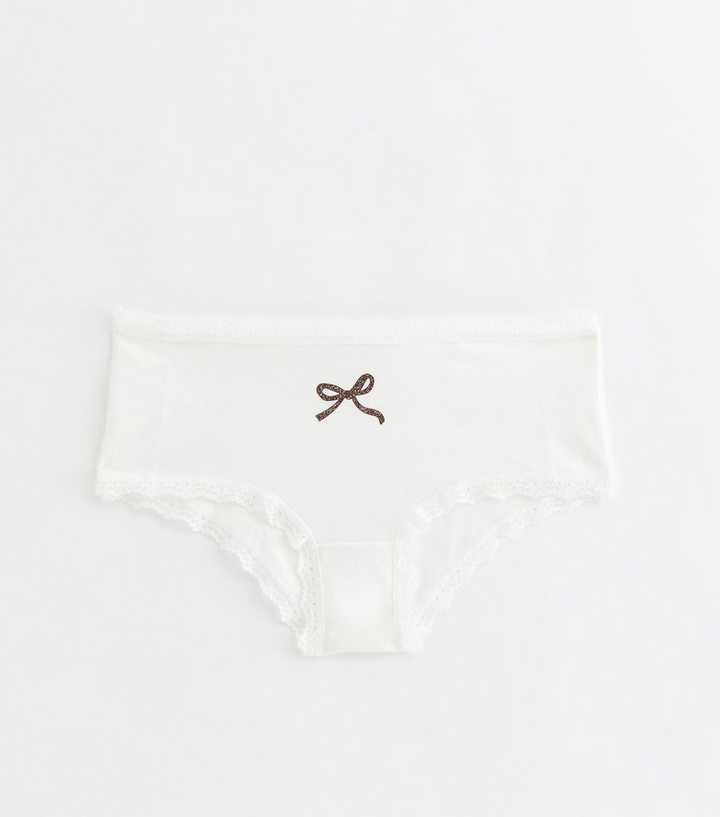 Girls Cotton Rich White Bow Print Lace Trim Short Briefs