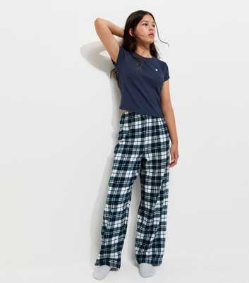 Girls Navy Checked Wide Leg Pyjama Set